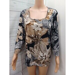 Additions By Chicos Womens Top Sz 2 (L) Black Cream Floral 3/4 Sleeve Non Iron